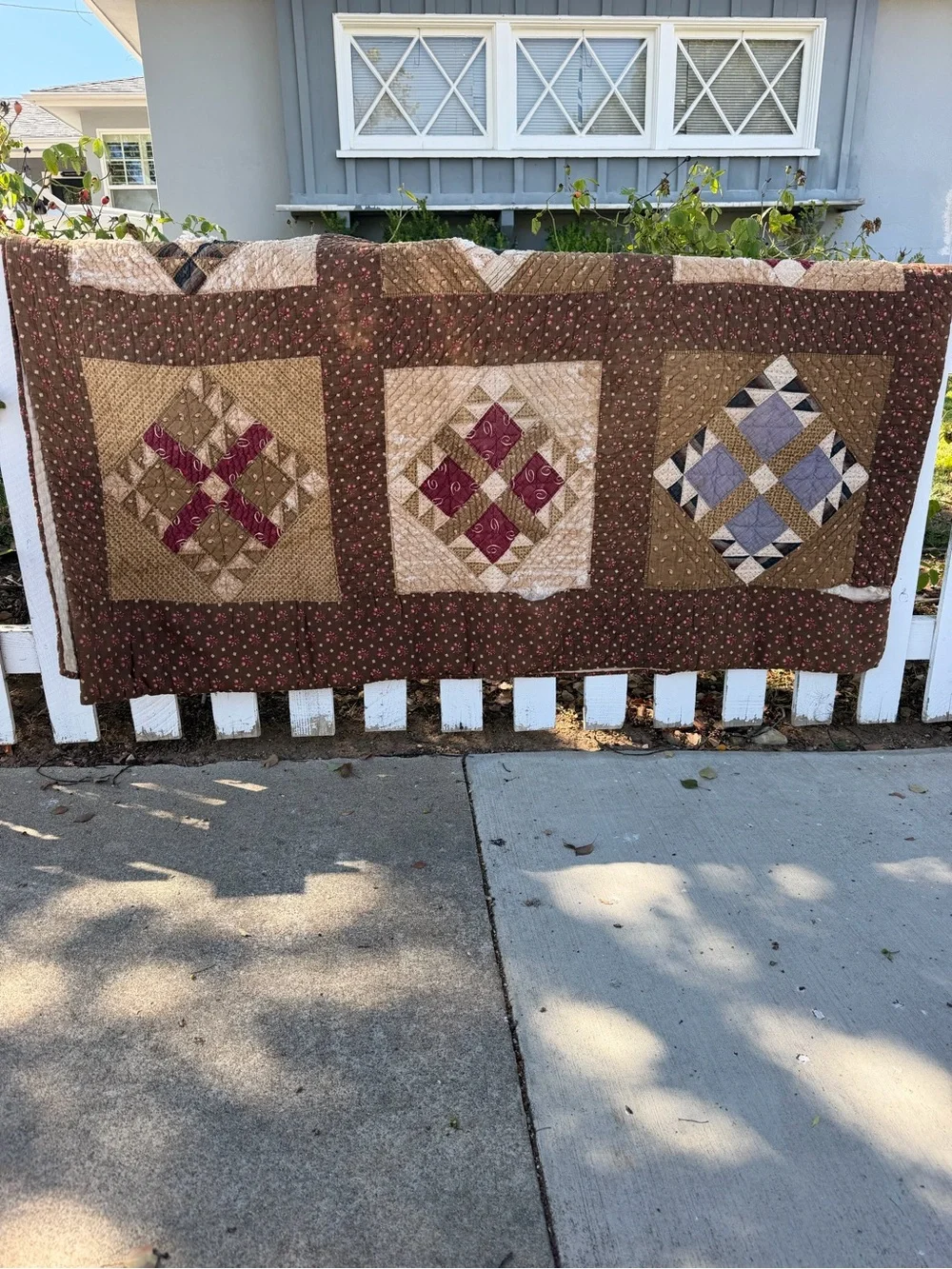 Vintage 4 Patch in Square Hand Sewn Quilt Brown Florals Earth Tones 70x76 CUTTER